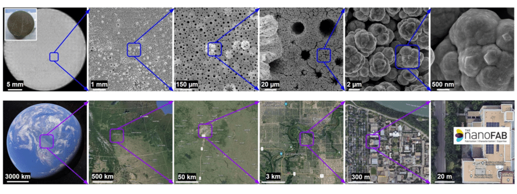 A series of images seamlessly integrates correlative imaging to showcase a progressively zoomed view from a large object to a microscopic structure, transitioning from a satellite view of Earth to the intricate details of building layouts.