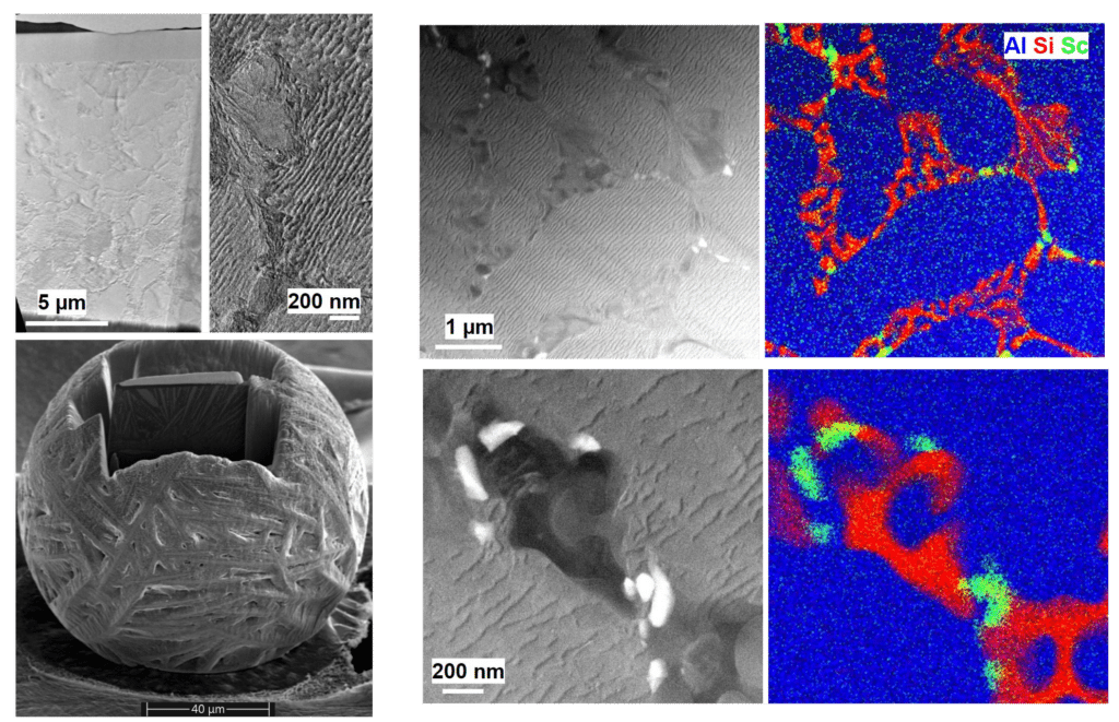 A collage of microscopic images, prepared with advanced TEM techniques, showcases various materials' textures and compositions with scale bars. The top right image features a color map, highlighting elements labeled as Al, Si, and Sc.