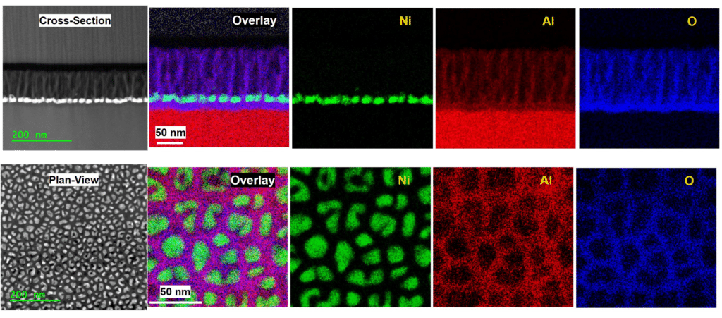 Advanced TEM cross-sectional and plan-view microscopy images reveal distributions of Ni, Al, and O with remarkable clarity. The cross-section shows stratified layers, while the plan-view features patchy clusters. Scale bars are set at 200 nm and 50 nm respectively.