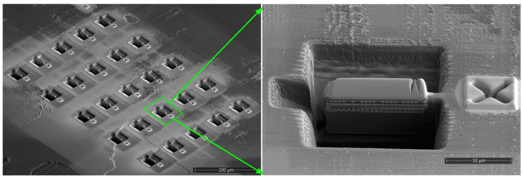 A grayscale image showcasing a zoomed-in view of microstructures highlights an inset detailing a close-up of one microstructure, prepared using Advanced TEM techniques, featuring a rectangular shape inside a square cavity.
