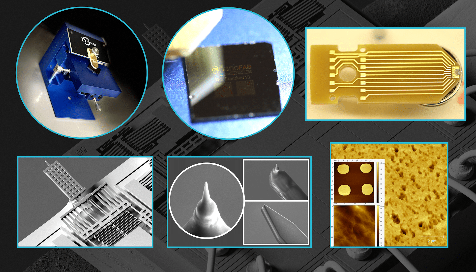 Collage of various microchip and nanotechnology components, including circuit boards and micro-scale structures, with detailed close-up images and a yellow, textured sample.