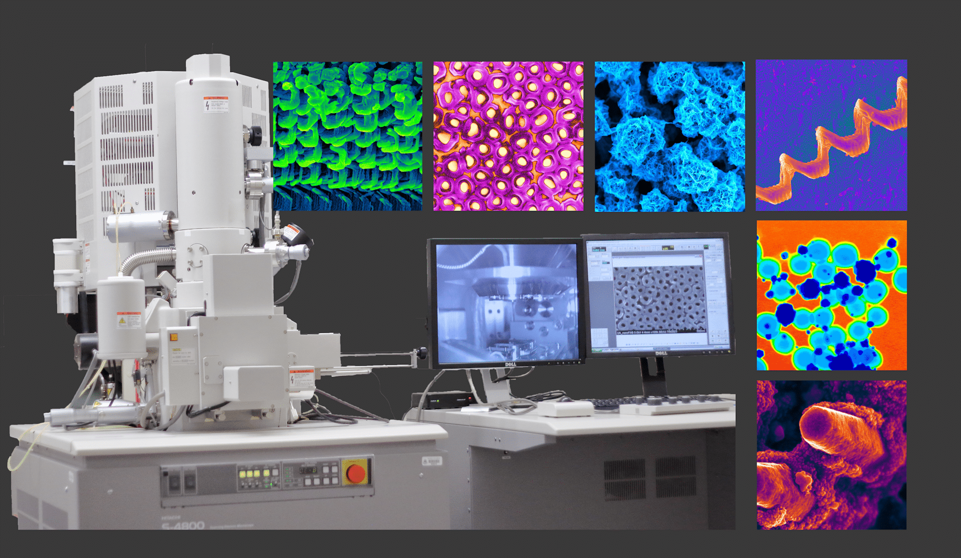 A scanning electron microscope setup with two monitors displaying sample images. Surrounding the monitors are colorful close-up images of various microscopic structures.