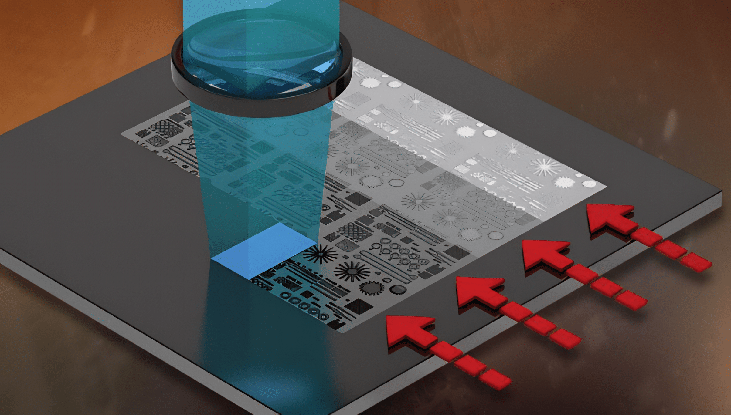 A device uses a blue laser to scan intricate microchip patterns on a silicon wafer. Four red arrows point to the wafer's surface.