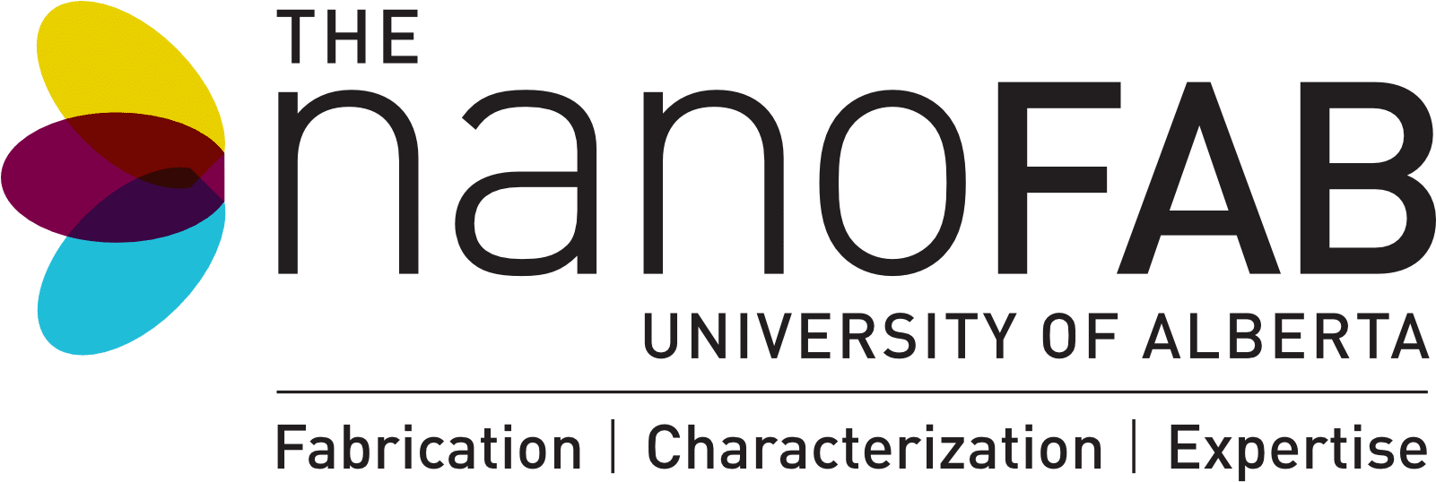 Logo for the nanoFAB at the University of Alberta, featuring overlapping shapes and text: "Fabrication | Characterization | Expertise".