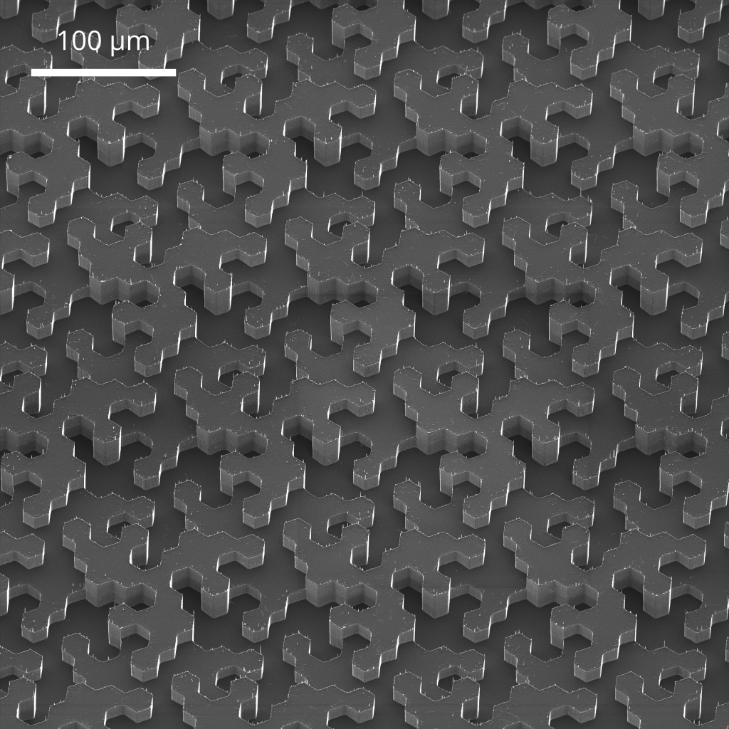 Tessellated trench structures with three depths; unit cells are composed of 19 hexagons with 20 µm flat-to-flat distance. Image acquired via HiM.
