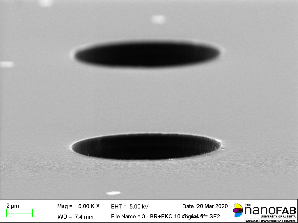 Stripping process: Branson Barrel Etcher - 30 min O₂ plasma + 30 min soak in EKC265 Structure: 10 µm vias