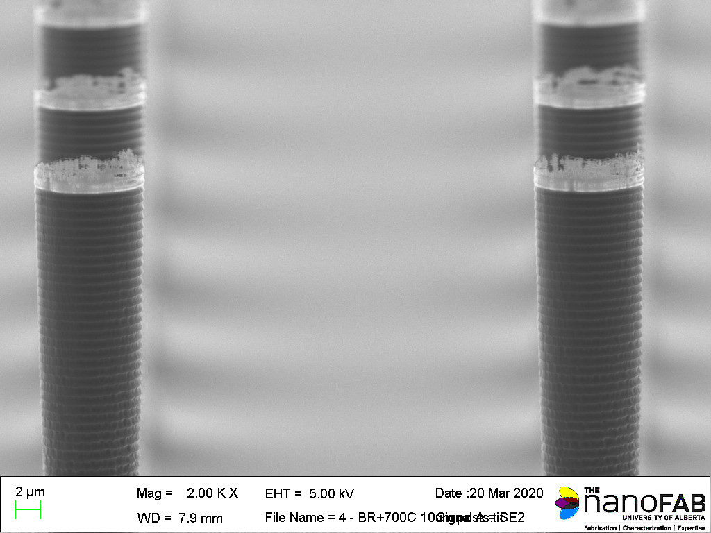 Stripping process: Branson Barrel Etcher - 30 min O₂ plasma + 60 min anneal in Minibrute Furnace at 700 °C Structure: 10 µm posts