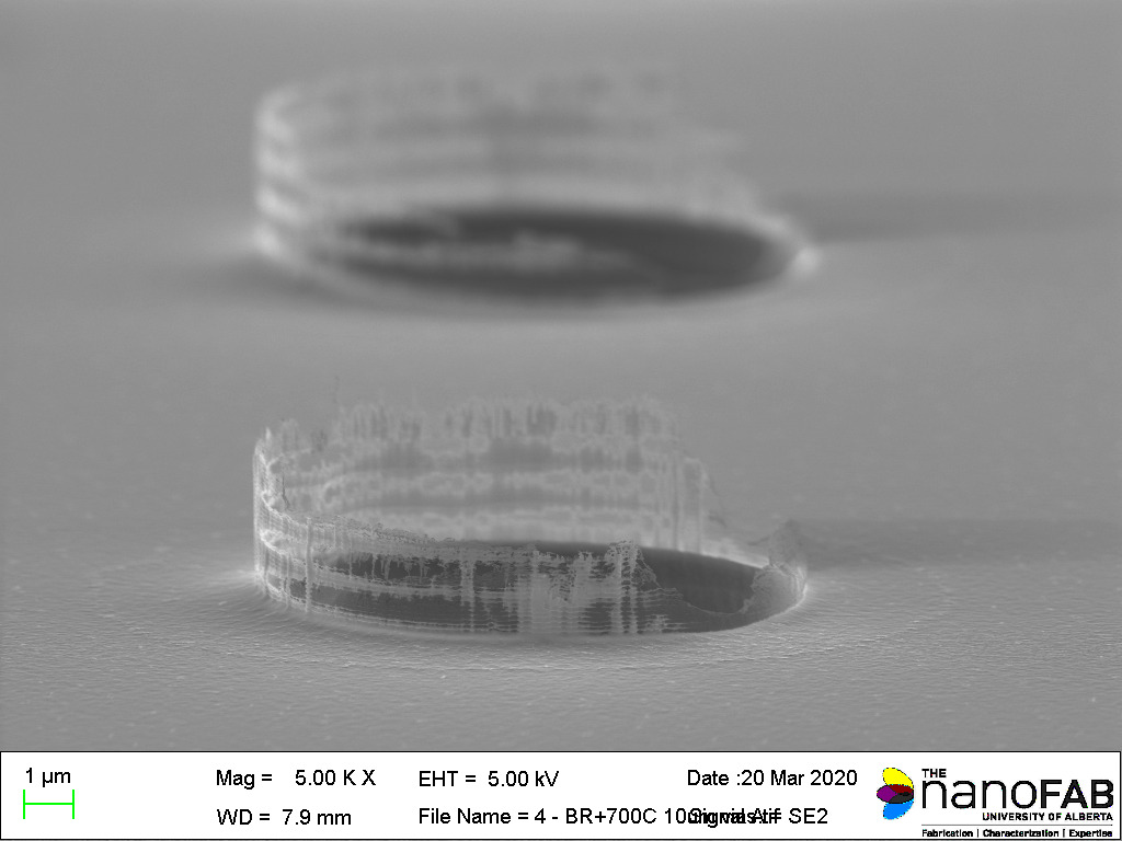 Stripping process: Branson Barrel Etcher - 30 min O₂ plasma + 60 min anneal in Minibrute Furnace at 700 °C Structure: 10 µm vias