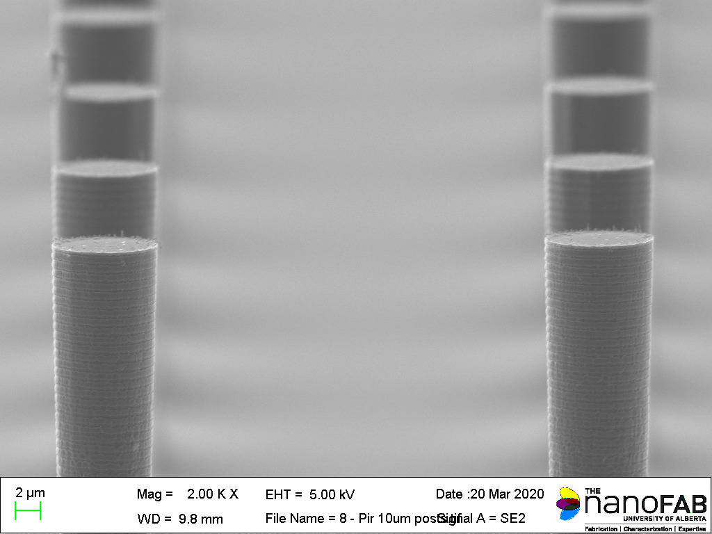 Stripping process: 30 min in self-heated 3:1 H₂SO₄:H₂O₂ piranha Structure: 10 µm posts