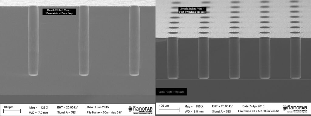 High-rate (left) and smooth-sidewall (right) Bosch processes available for deep Si etching.