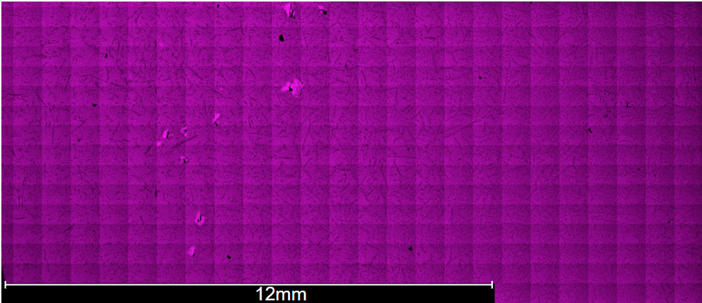 FESEM image of a textured purple surface with a 12mm scale bar, showing electron backscatter diffraction patterns.